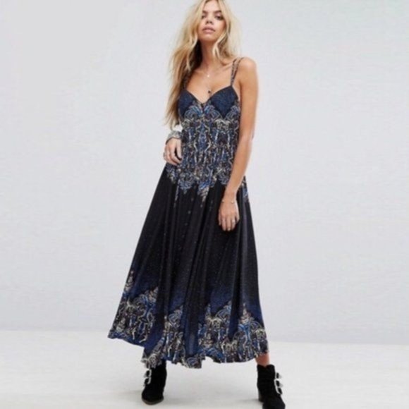 Free People Black and Blue Maxi Dress - Picture 2 of 10